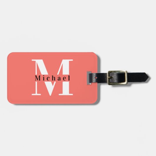Étiquette À Bagage Monogramme de corail minimal moderne + Nom initial (Devant horizontal)
