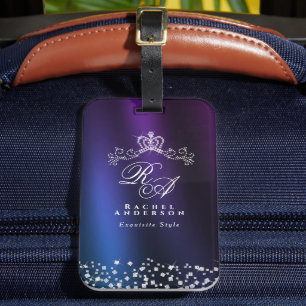 Étiquette À Bagage Monogramme de couronne brillant bleu pourpre