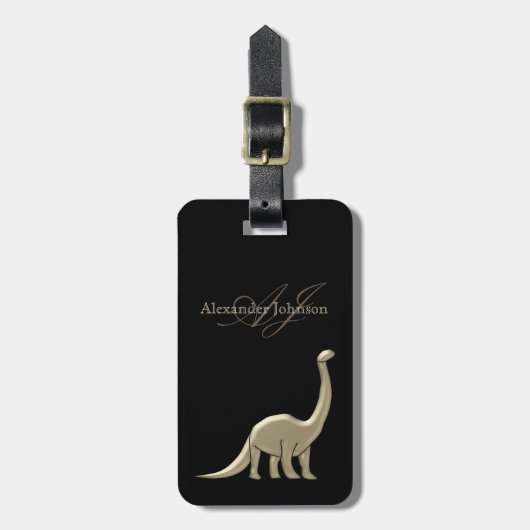 Étiquette À Bagage Monogramme de dinosaure noir et or élégant moderne (Devant Vertical)