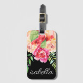 Étiquette À Bagage Monogramme de fleurs d'aquarelle peintes en noir e (Devant Vertical)