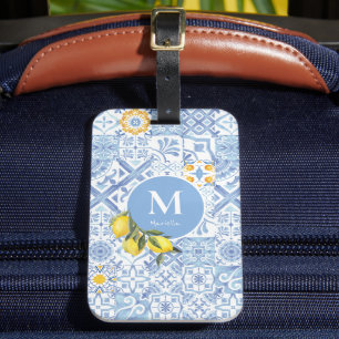 Étiquette À Bagage Monogramme de fruit de citron, carreau bleu