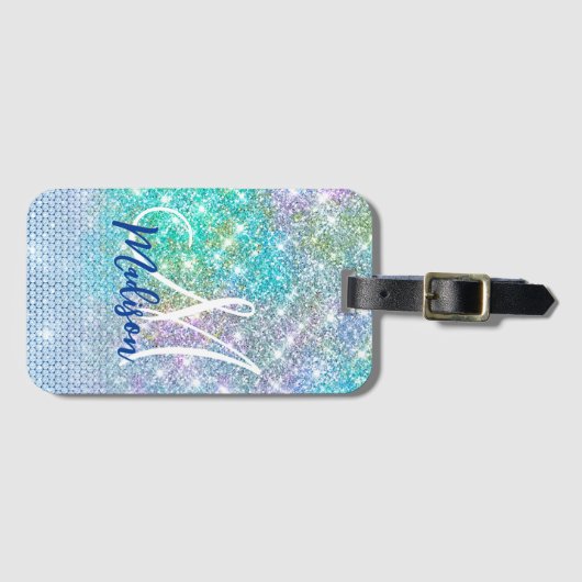 Étiquette À Bagage Monogramme de la fausse parties scintillant Turquo (Devant Horizontal)