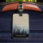 Étiquette À Bagage Monogramme de la forêt foncée | Neutre personnalis<br><div class="desc">Un bord forestier mystérieux sur un arrière - plan de texture abstraite. Des tons beiges, gris et bleus avec une ligne d'arbres noirs, dans un style peint. Votre nom est assis sous les silhouettes des arbres, dans une couleur de police contrastante. Au verso, vous trouverez vos coordonnées en noir sur...</div>