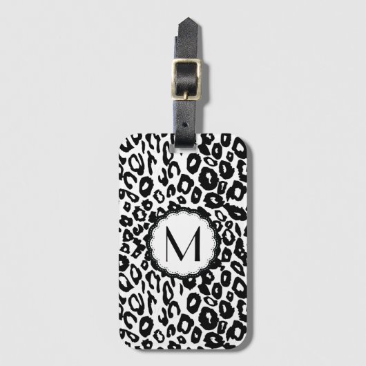 Étiquette À Bagage Monogramme de léopard noir et blanc (Devant Vertical)