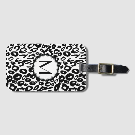 Étiquette À Bagage Monogramme de léopard noir et blanc (Devant Horizontal)