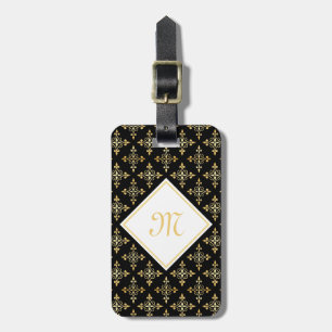 Étiquette À Bagage Monogramme de luxe Noir et Or Quatre Floral