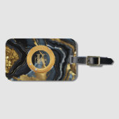Étiquette À Bagage Monogramme de marbre d'agate noir or luxe moderne (Devant Horizontal)