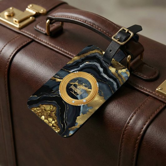 Étiquette À Bagage Monogramme de marbre d'agate noir or luxe moderne