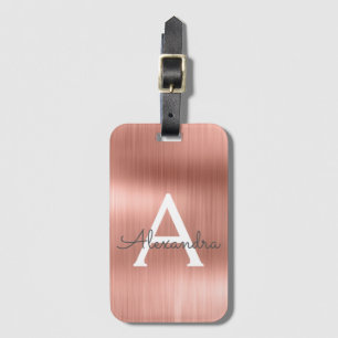 Étiquette À Bagage Monogramme de métal brossé Rose Gold Nom et initia