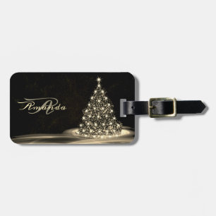 Étiquette À Bagage Monogramme de Noël Arbre Doré Brillant Hiver Noir