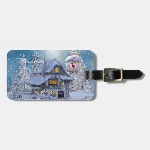 Étiquette À Bagage Monogramme de Noël Hiver Blanc Bonhomme de Neige B
