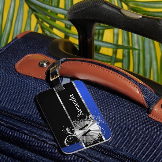 Étiquette À Bagage Monogramme de noir bleu et d'argent (Insitu Rectoal 1)