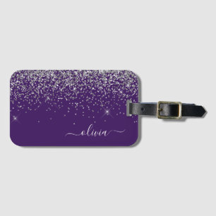 Étiquette À Bagage Monogramme de nom de fille pailleté argent violet