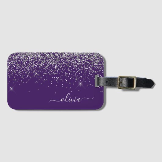 Étiquette À Bagage Monogramme de nom de fille pailleté argent violet (Devant Horizontal)