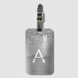 Étiquette À Bagage Monogramme de nom en métal brossé avec paillettes 