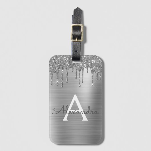 Étiquette À Bagage Monogramme de nom en métal brossé avec paillettes (Devant Vertical)