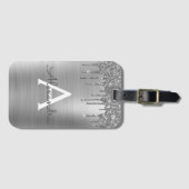 Étiquette À Bagage Monogramme de nom en métal brossé avec paillettes (Devant Horizontal)