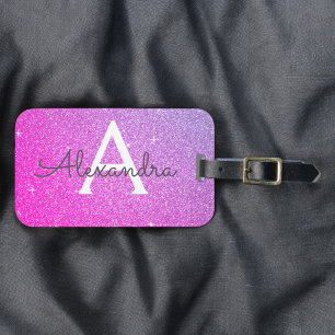 Étiquette À Bagage Monogramme de nom en paillettes rose - violet