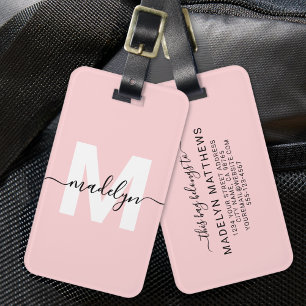 Étiquette À Bagage Monogramme de nom personnalisé moderne fille rose 