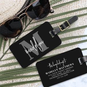 Étiquette À Bagage Monogramme de nom personnalisé noir