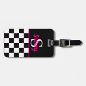 Étiquette À Bagage Monogramme de nom rose néon damier rétro (Devant horizontal)