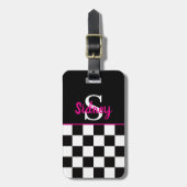 Étiquette À Bagage Monogramme de nom rose néon damier rétro (Devant Vertical)