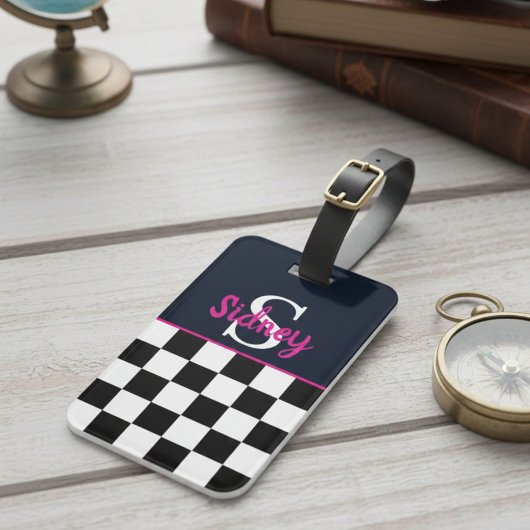 Étiquette À Bagage Monogramme de nom rose néon damier rétro
