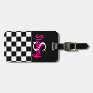 Étiquette À Bagage Monogramme de nom rose néon damier rétro