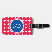 Étiquette À Bagage Monogramme de point Polka bleu et rouge (Devant horizontal)