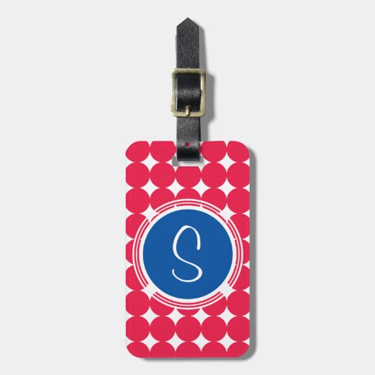 Étiquette À Bagage Monogramme de point Polka bleu et rouge (Devant Vertical)