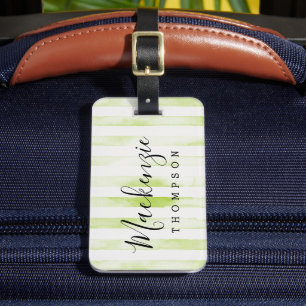 Étiquette À Bagage Monogramme de rayures d'aquarelle verte