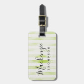 Étiquette À Bagage Monogramme de rayures d'aquarelle verte (Devant Vertical)