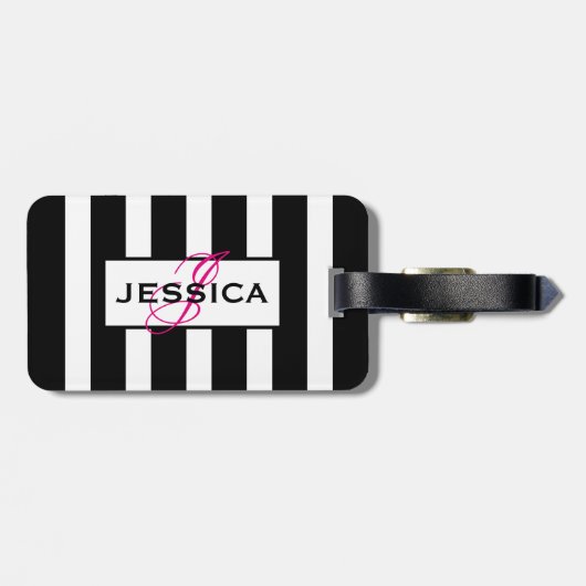 Étiquette À Bagage Monogramme de rayures noir et blanc moderne (Dos horizontal)