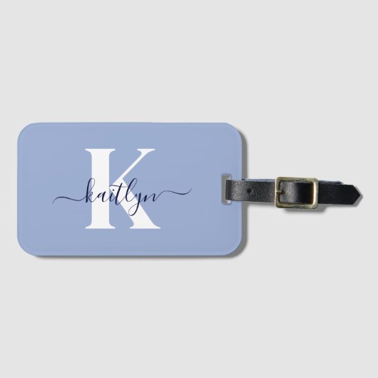 Étiquette À Bagage Monogramme de script bleu moderne (Devant Horizontal)
