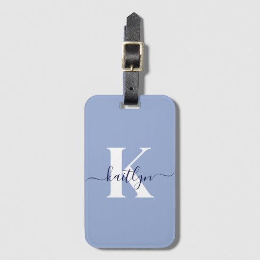 Étiquette À Bagage Monogramme de script bleu moderne (Devant Vertical)