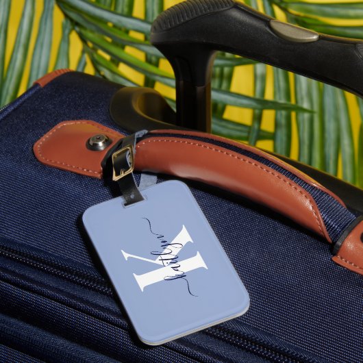 Étiquette À Bagage Monogramme de script bleu moderne (Insitu Rectoal 1)