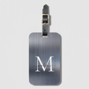 Étiquette À Bagage Monogramme de script métal brossé gris argent mode