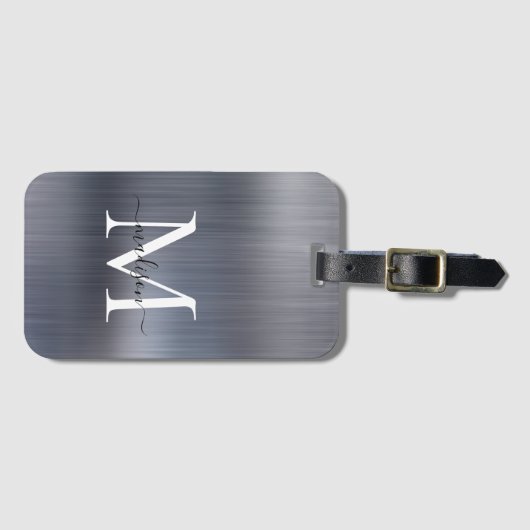 Étiquette À Bagage Monogramme de script métal brossé gris argent mode (Devant Horizontal)