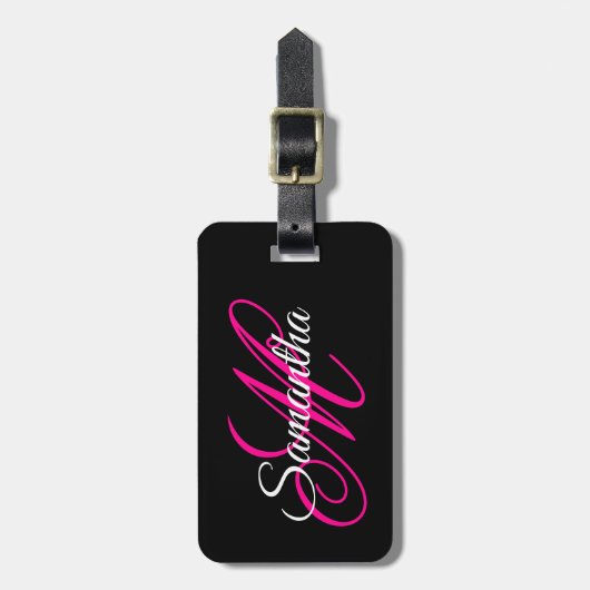 Étiquette À Bagage Monogramme de style script fantaisie noir blanc et (Devant Vertical)