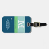 Étiquette À Bagage monogramme de voyage moderne bleu (Devant horizontal)