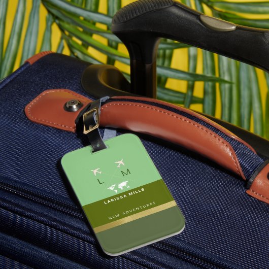 Étiquette À Bagage Monogramme de voyageur moderne Greenish (Insitu Rectoal 1)