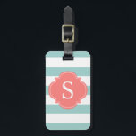 Étiquette À Bagage Monogramme des rayures de menthe et de corail<br><div class="desc">Une étiquette de bagage design et élégante dispose d'un motif à rayures mignonnes et peut être personnalisée avec vos initiales monogrammes,  nom et informations.</div>