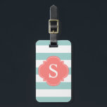 Étiquette À Bagage Monogramme des rayures de menthe et de corail<br><div class="desc">Une étiquette de bagage design et élégante dispose d'un motif à rayures mignonnes et peut être personnalisée avec vos initiales monogrammes,  nom et informations.</div>