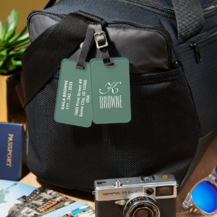 Étiquette À Bagage Monogramme Design vert et blanc personnalisé