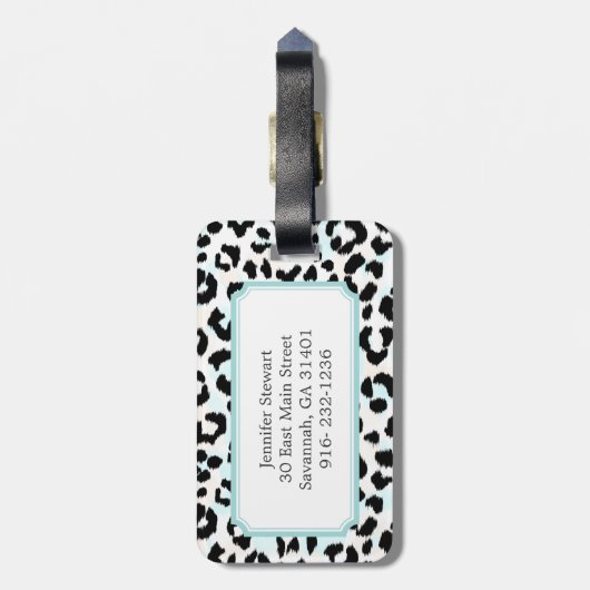 Étiquette À Bagage monogramme d'impression chic de guépard noir et bl (Dos Vertical)