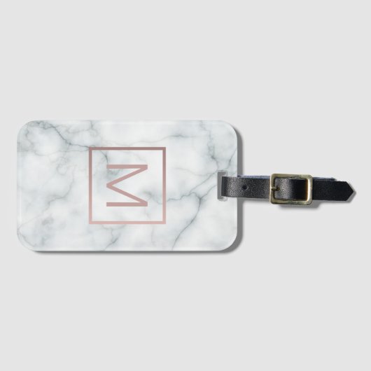 Étiquette À Bagage Monogramme d'or rose sur pierre blanche (Devant Horizontal)