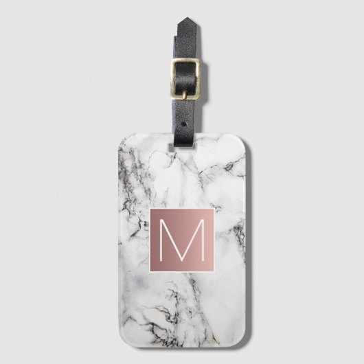 Étiquette À Bagage Monogramme d'or rose sur pierre blanche noire (Devant Vertical)