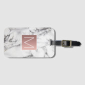 Étiquette À Bagage Monogramme d'or rose sur pierre blanche noire (Devant Horizontal)