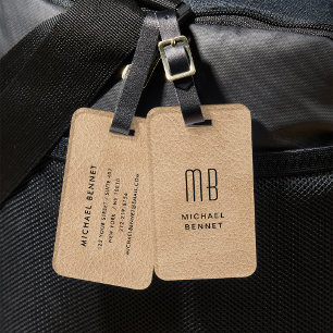 Étiquette À Bagage Monogramme Elégant Beige Faux Tissu Cuir