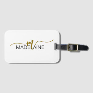 Étiquette À Bagage Monogramme Elegant Blanc Noir Couleur Or